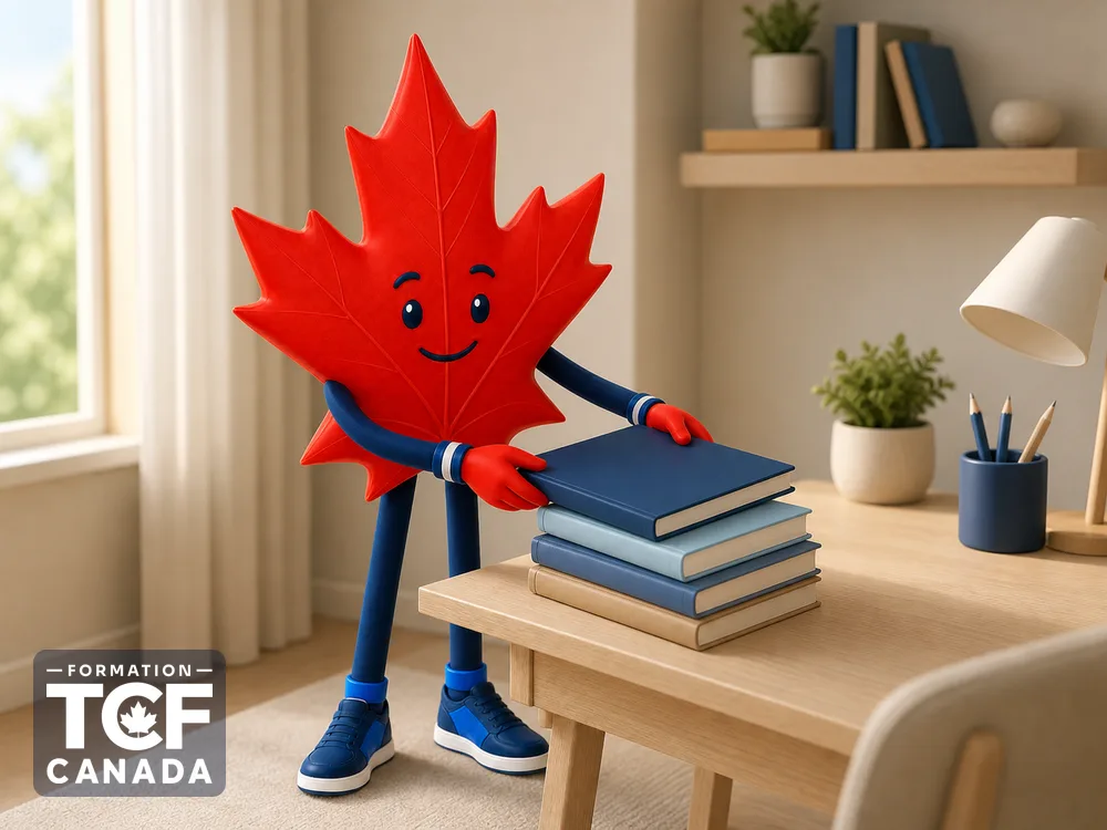 Illustration de la mascotte Formation TCF Canada en situation, pour accompagner l'article « Comment preparer le TCF Canada » sur le TCF Canada.