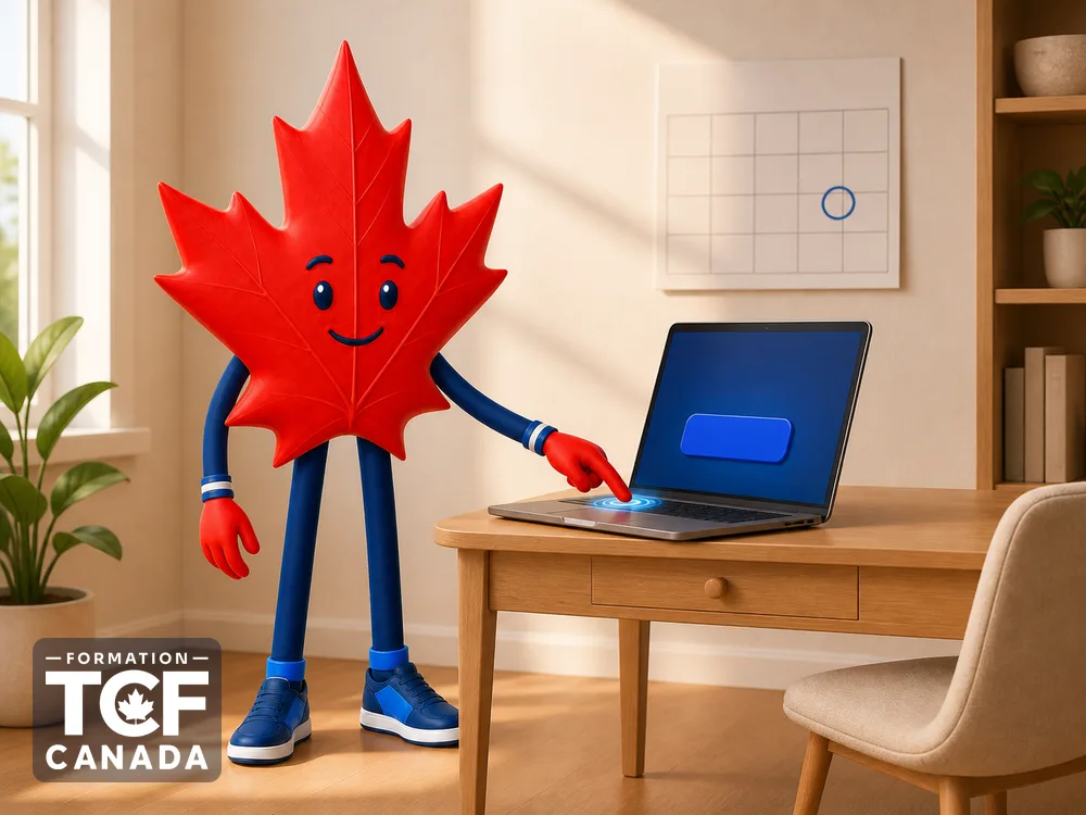 Illustration de la mascotte Formation TCF Canada en situation, pour accompagner l'article « Comment s'inscrire au TCF Canada » sur le TCF Canada.