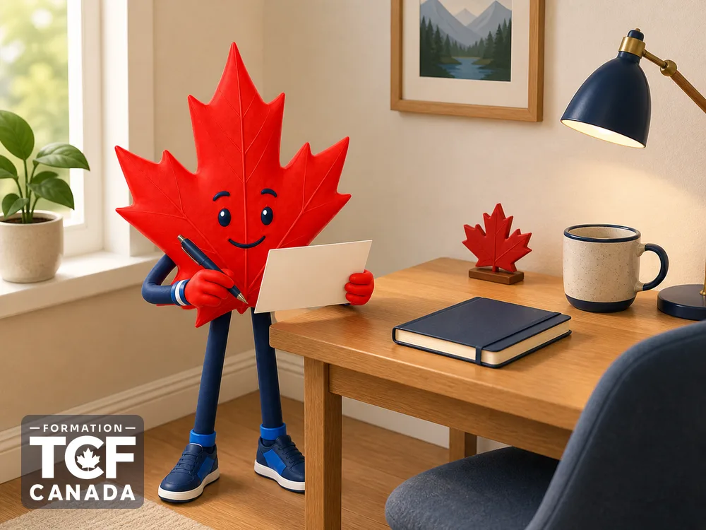 Illustration de la mascotte Formation TCF Canada en situation, pour accompagner l'article « Sujets d'expression ecrite frequents au TCF Canada » sur le TCF Canada.