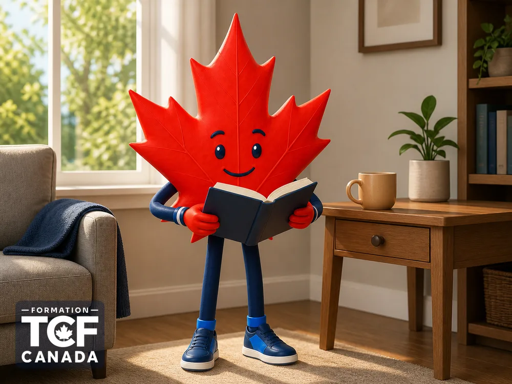 Illustration de la mascotte Formation TCF Canada en situation, pour accompagner l'article « Preparer le TCF Canada seul (autodidacte) » sur le TCF Canada.