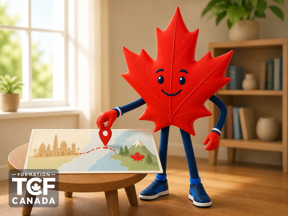 La mascotte place une épingle sur une petite carte reliant le Maroc au Canada.