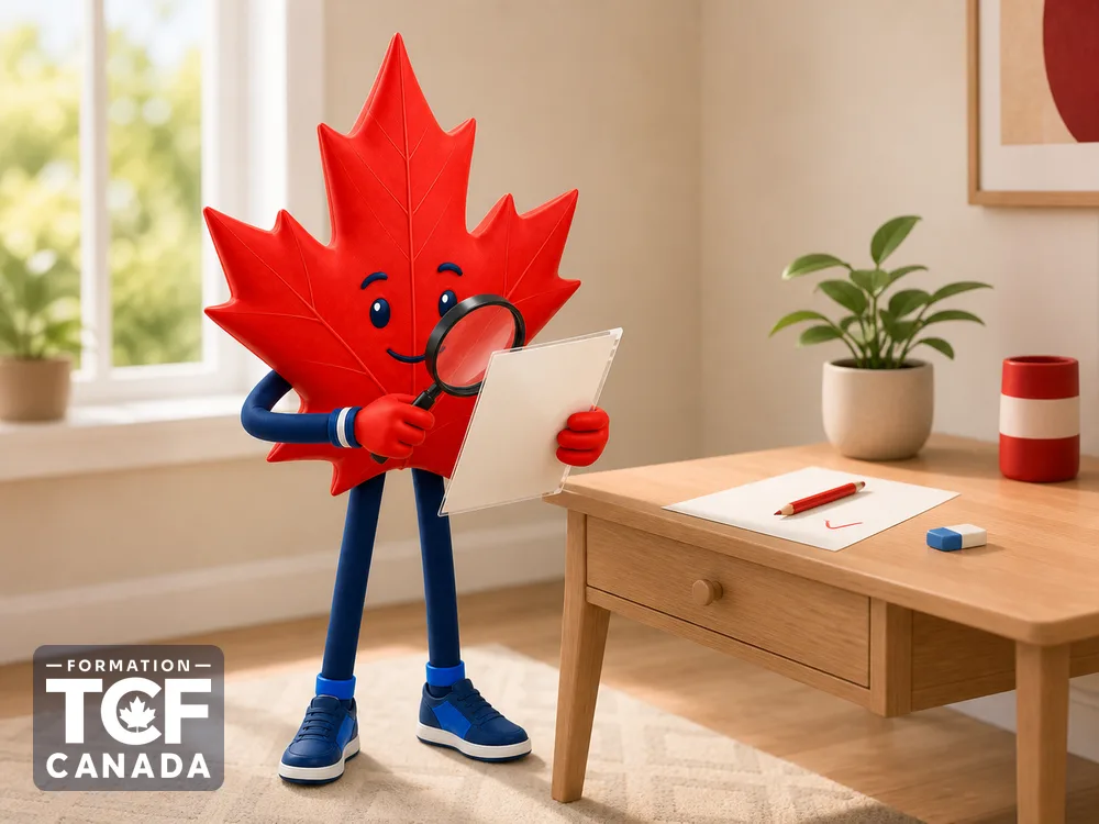 La mascotte examine une attestation avec une loupe et un petit motif de correction.