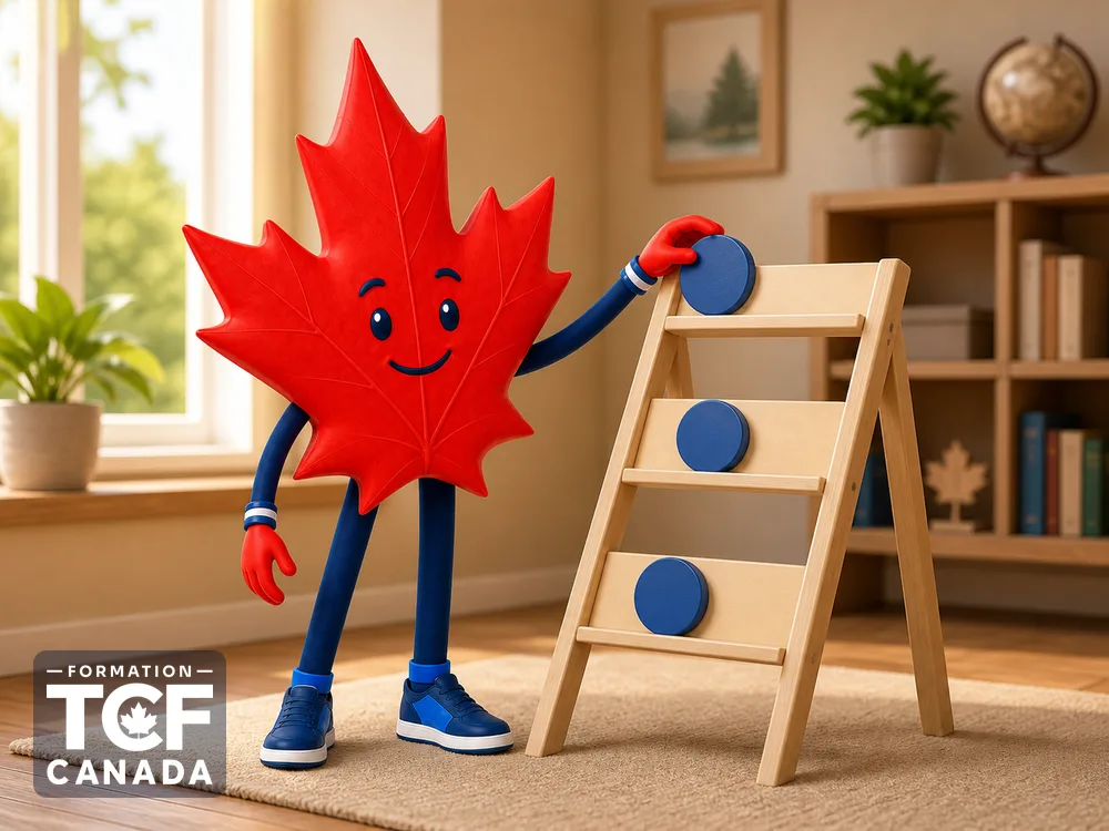 Illustration de la mascotte Formation TCF Canada en situation, pour accompagner l'article « Quel niveau NCLC pour l'Entree express » sur le TCF Canada.