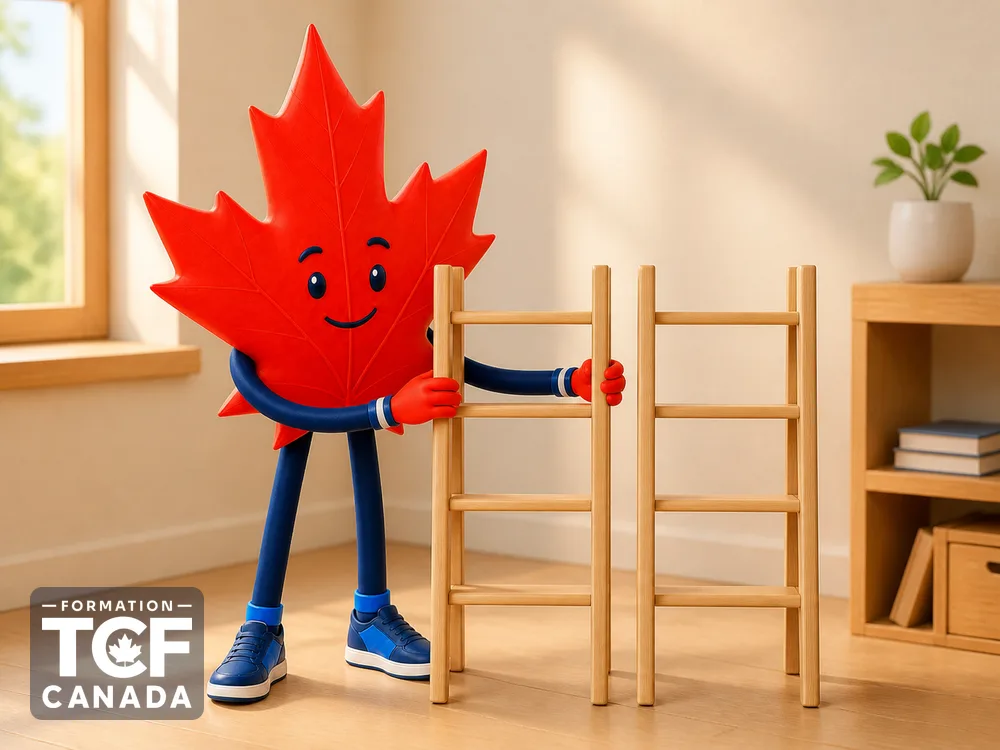 La mascotte aligne deux petites échelles de niveaux échelon par échelon.