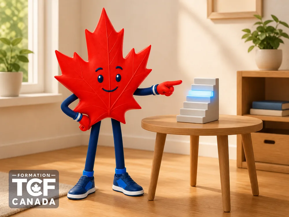 La mascotte pointe une jauge de niveaux éclairée jusqu'à un échelon mis en évidence.