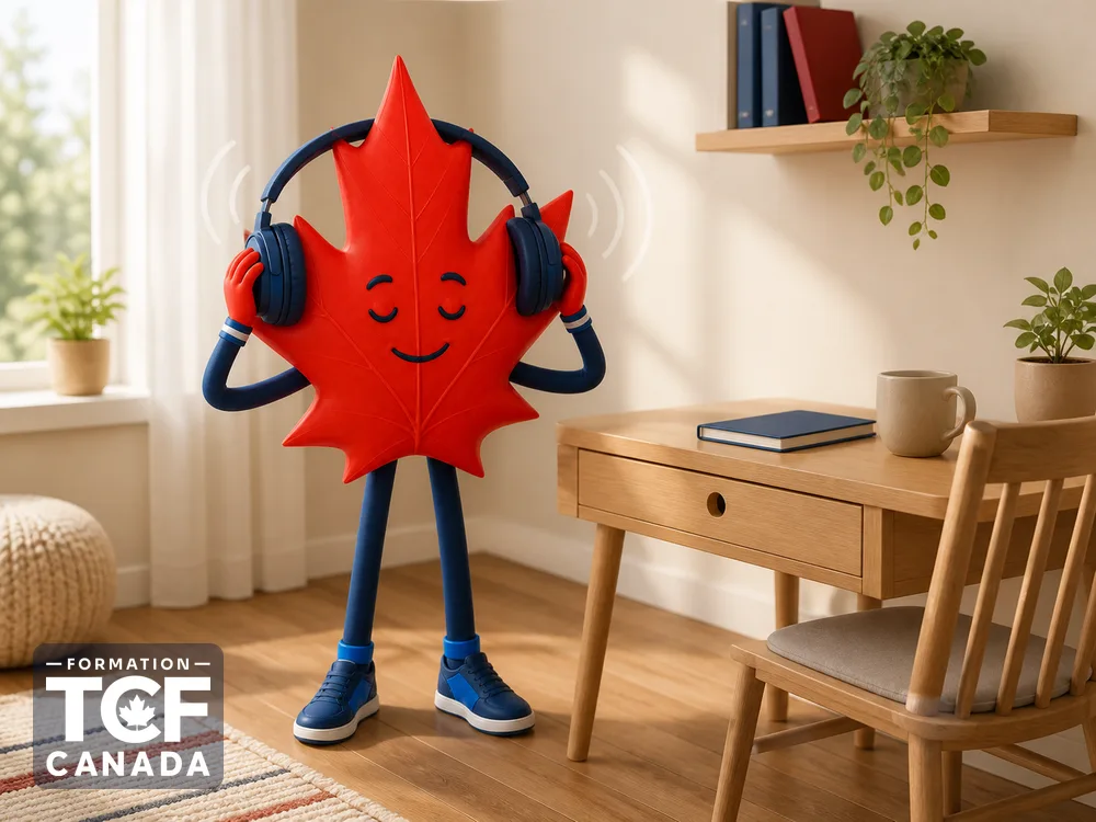 La mascotte au casque prend des notes pendant une écoute, entraînement à la compréhension orale.