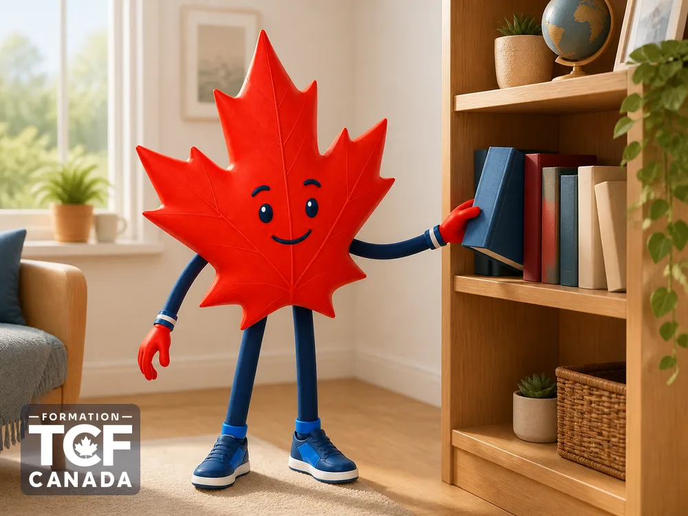 Illustration de la mascotte Formation TCF Canada en situation, pour accompagner l'article « Meilleurs livres et ressources pour le TCF Canada » sur le TCF Canada.