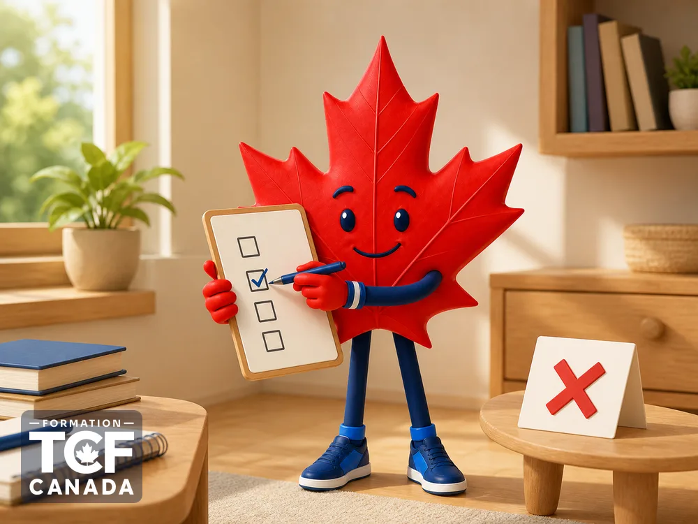 Illustration de la mascotte Formation TCF Canada en situation, pour accompagner l'article « Les erreurs frequentes a eviter au TCF Canada » sur le TCF Canada.