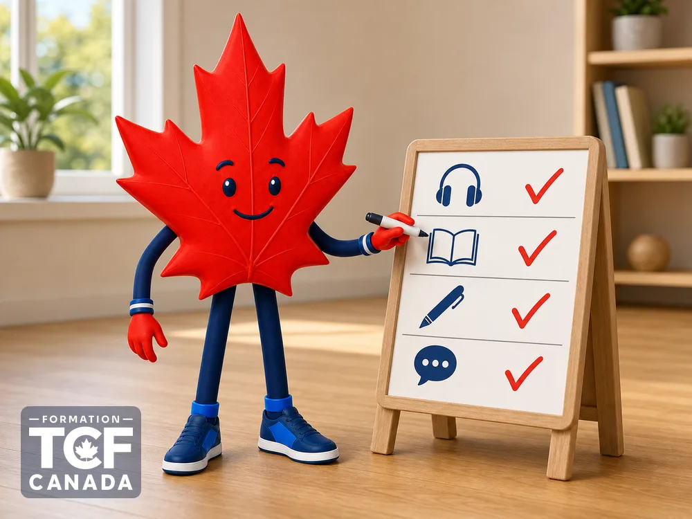 Illustration de la mascotte Formation TCF Canada en situation, pour accompagner l'article « Reussir les epreuves du TCF Canada » sur le TCF Canada.